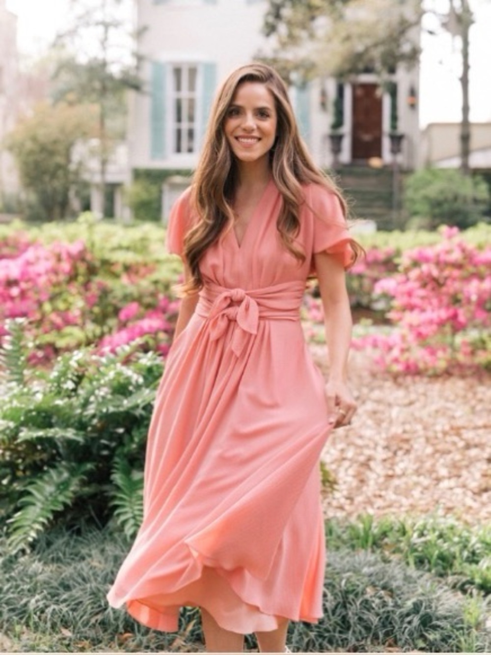 Gal Meets Glam Coral/Peach Wrap Midi Dress with Waist Tie